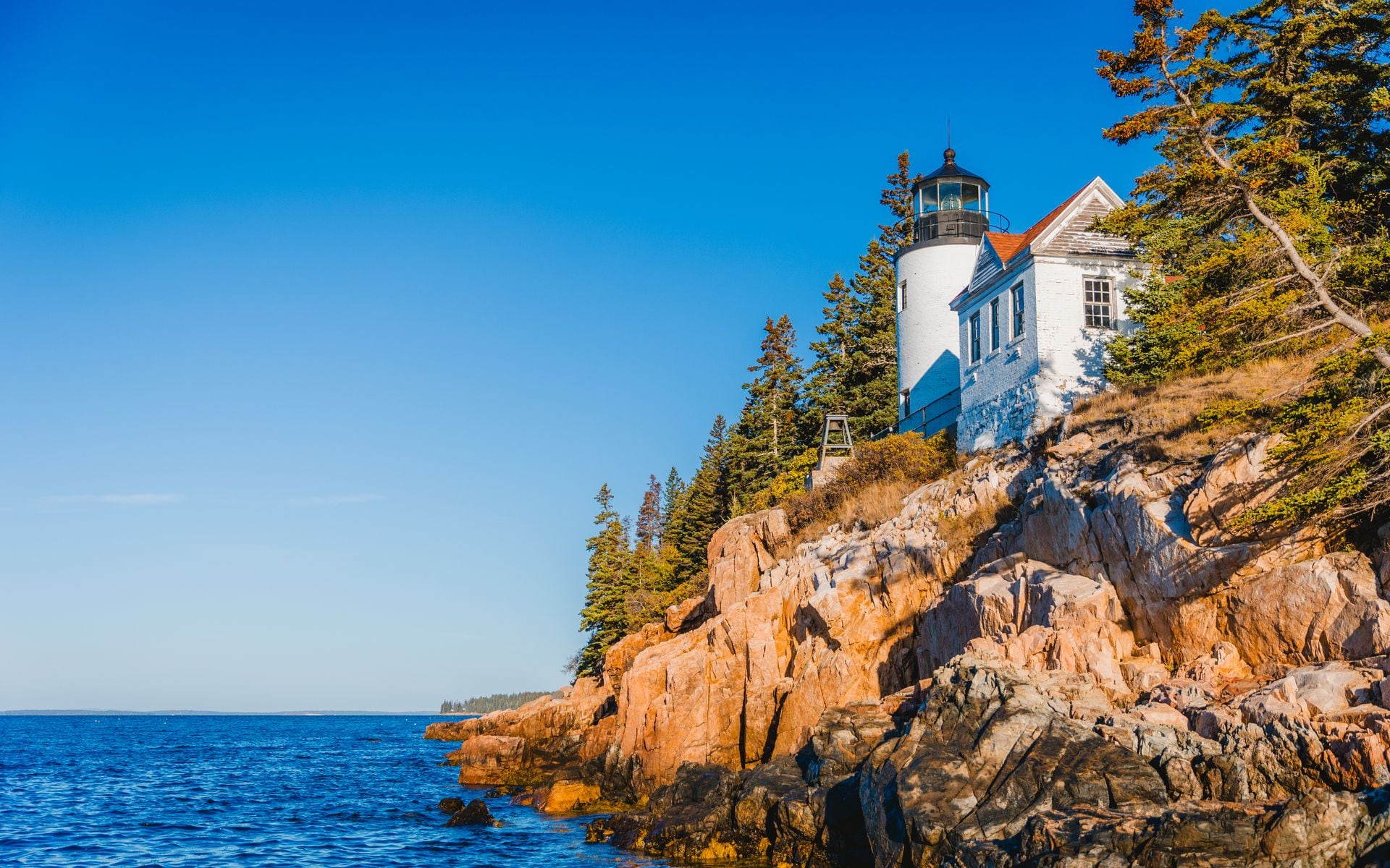 View of a rocky Maine coastline with spruce trees and a distant lighthouse on a clear summer afternoon